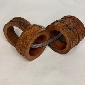 Vintage Wooden Hand Made Napkin Rings Set‎ of 4 Round Brown Etched Floral
